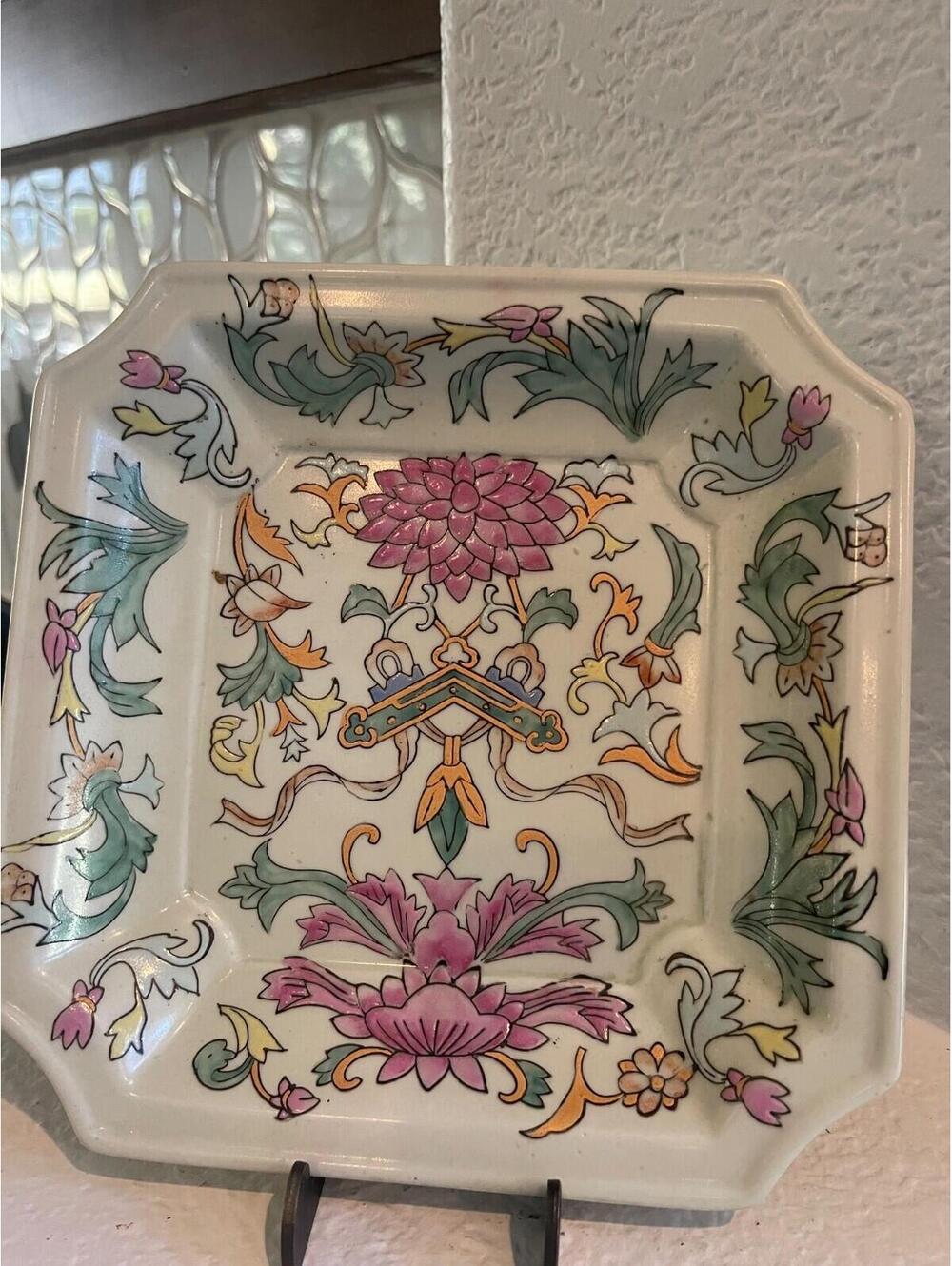Vintage Chinese Porcelain Dish Hand Painted Macau Pink And Green Floral